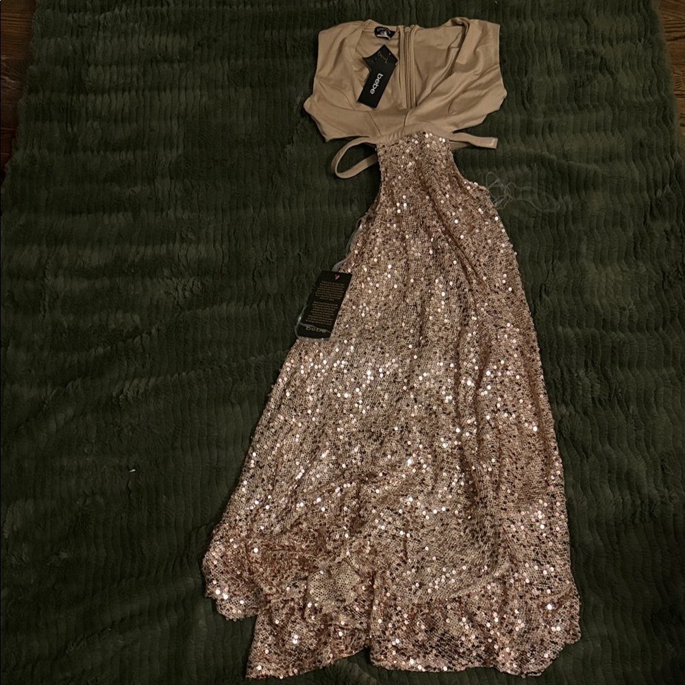 Bebe Sequin Midi Dress in Gold and Tan